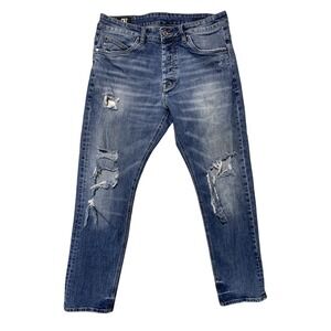 CR7 Cristiano Ronaldo Mens Distressed Blue Denim Tapered Jeans 32x30 Button Fly